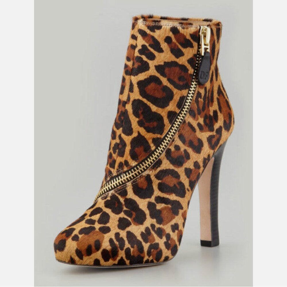 Diane Von Furstenberg Animal Cady Camel Leopard Calf Fur Zip trim Ankle Boot